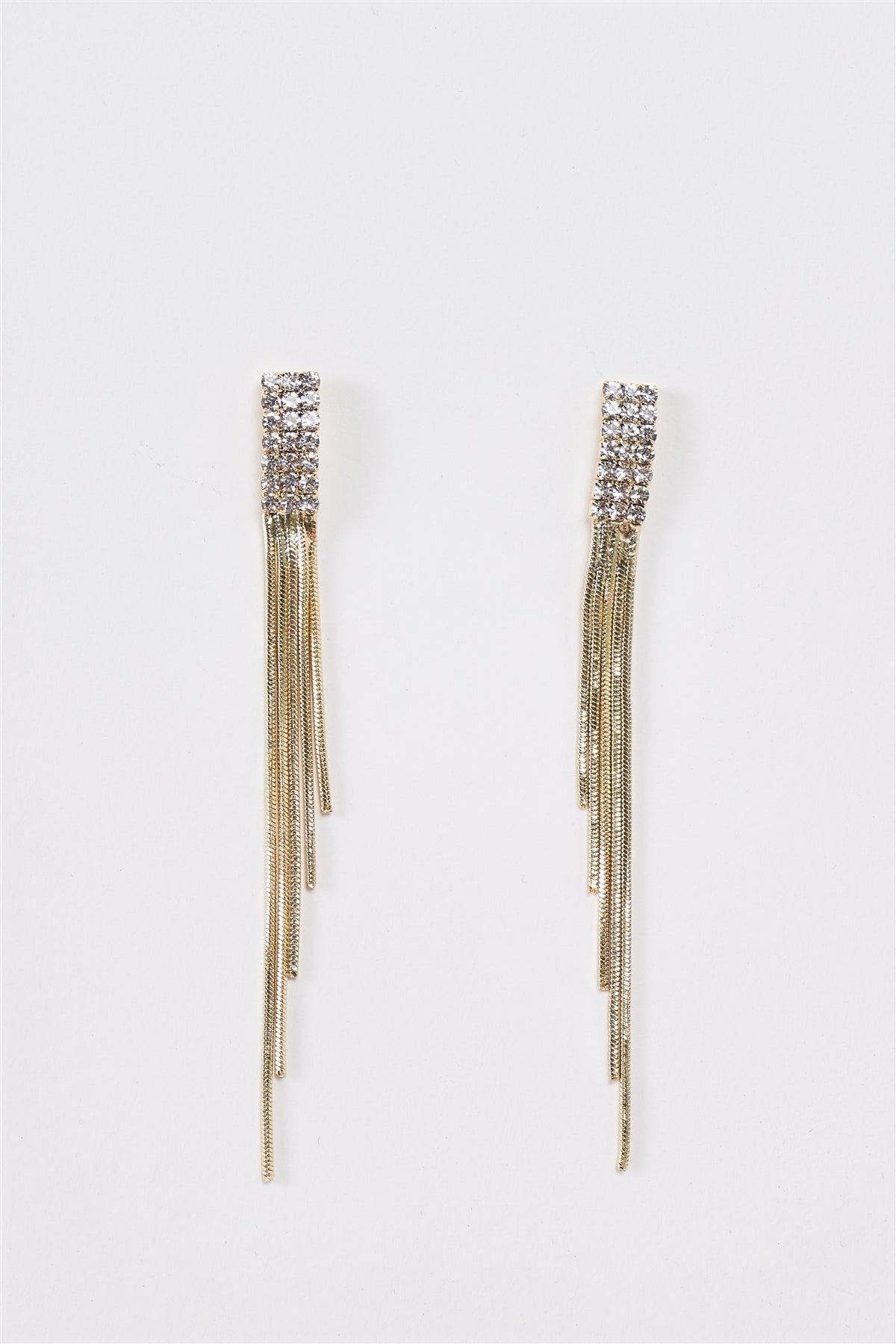 Gold Faux Diamonds Incrustation Uneven Snake Chain Tassel Drop Earrings /3 Pairs