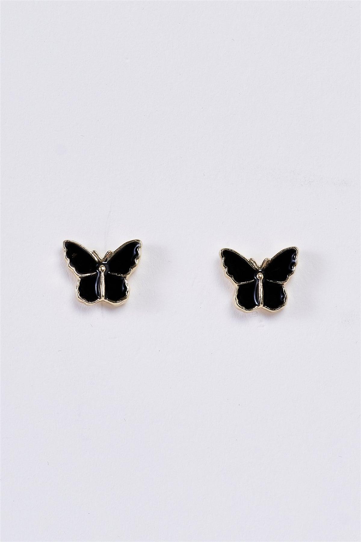 Gold & Black Butterfly Shaped Stud Earrings /3 Pairs