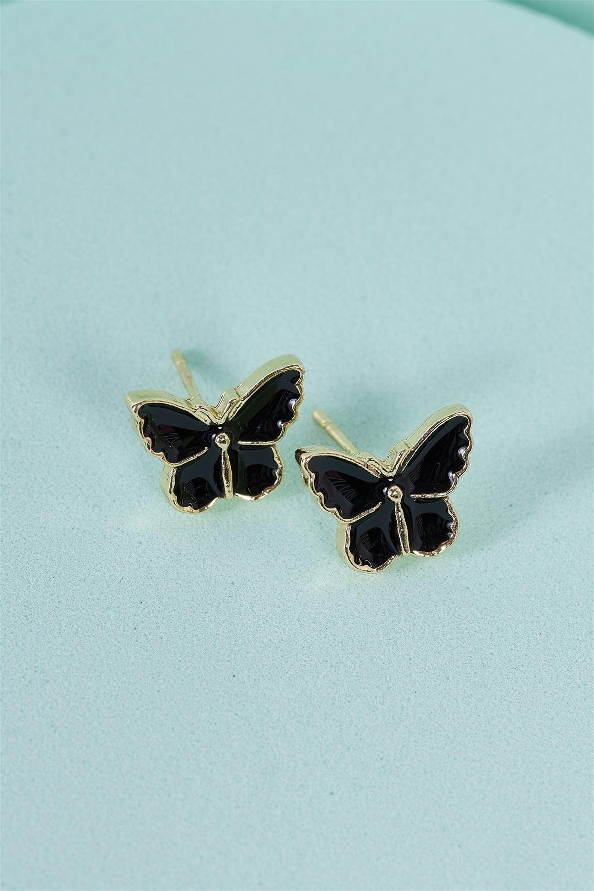 Gold & Black Butterfly Shaped Stud Earrings /3 Pairs