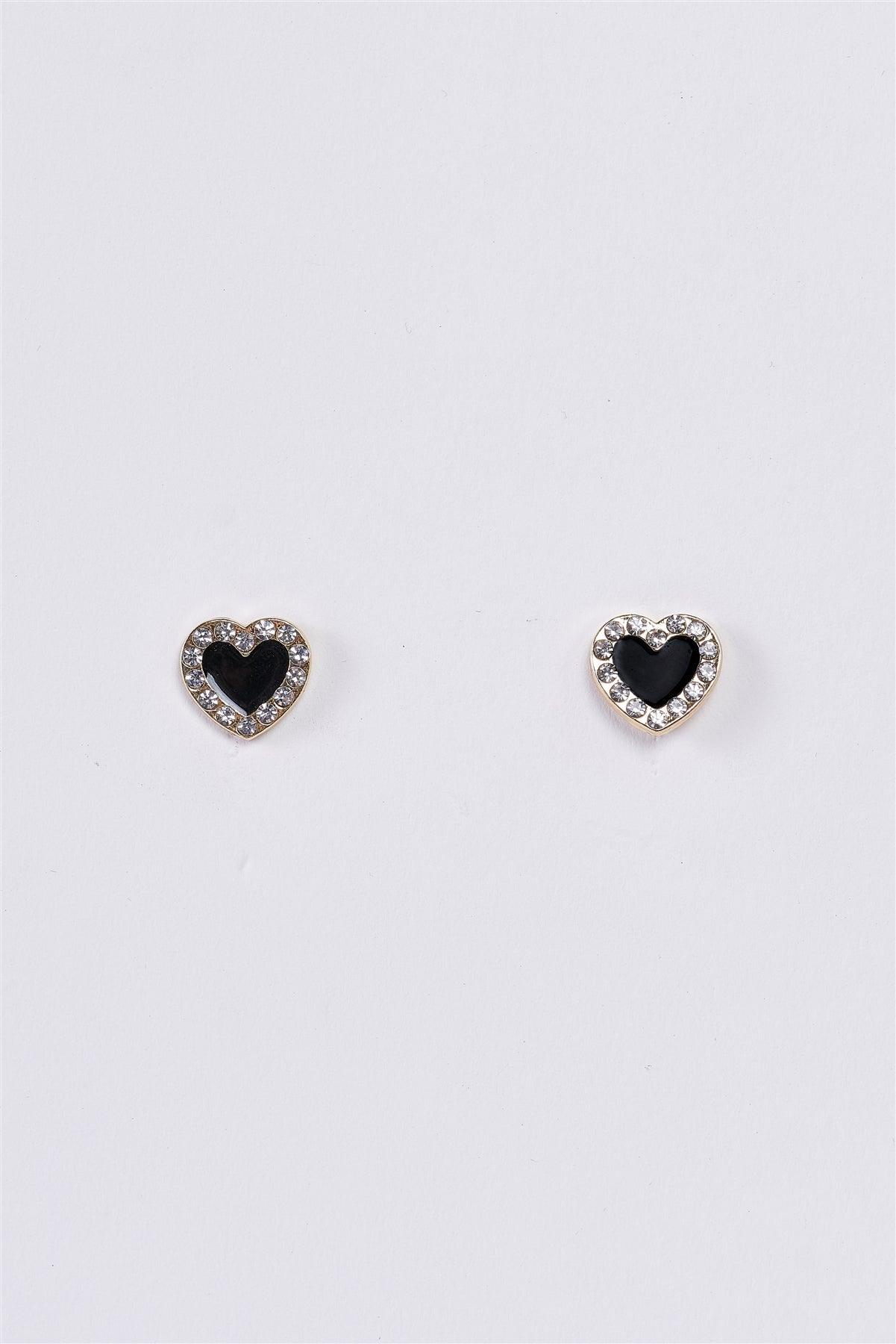 Small Gold & Black Faux Diamonds Incrustation Heart Shaped Stud Earrings /3 Pairs