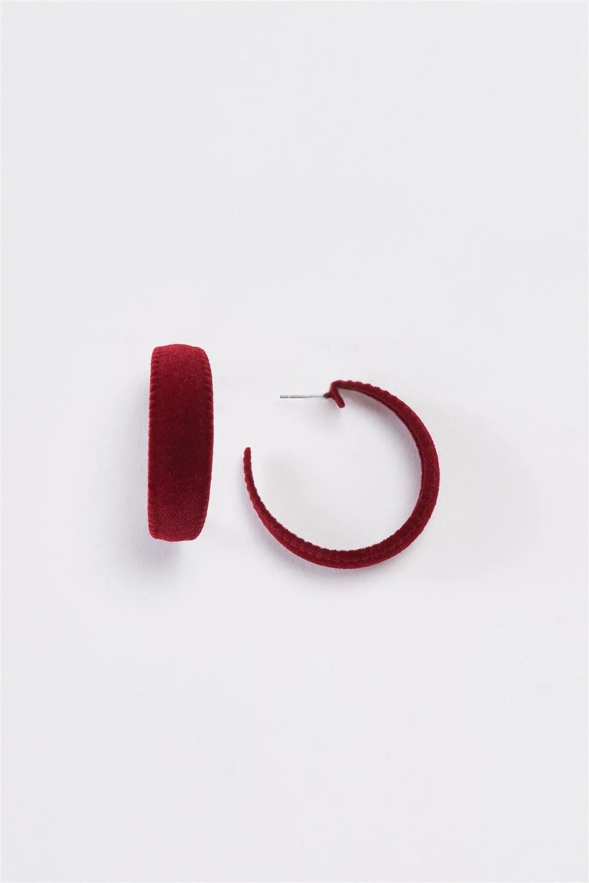 Burgundy Velvet Covered Flat Hoop Earrings - Tasha Apparel Wholesale