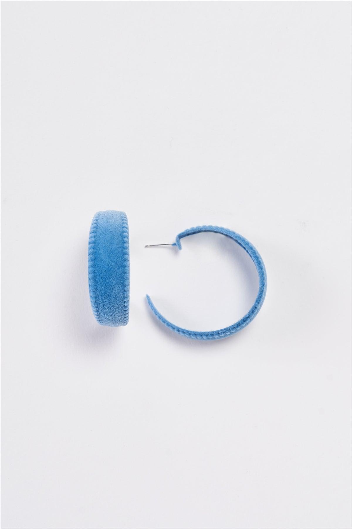 Blue Velvet Covered Flat Hoop Earrings /3 Pairs