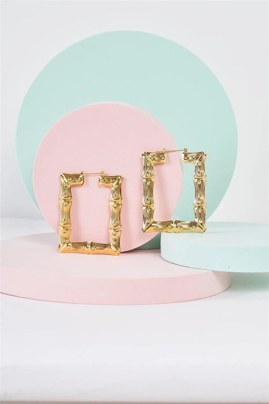 Gold Large Square Bamboo Hoop Earrings - Tasha Apparel Wholesale