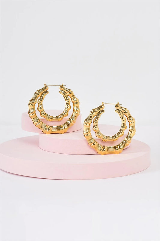 Gold Large Double Circle Bamboo Hoop Earrings - Tasha Apparel Wholesale