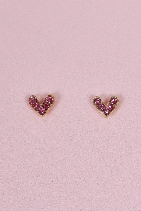 Love Pink Gold Faux Diamonds Heart Stud Earrings - Tasha Apparel Wholesale