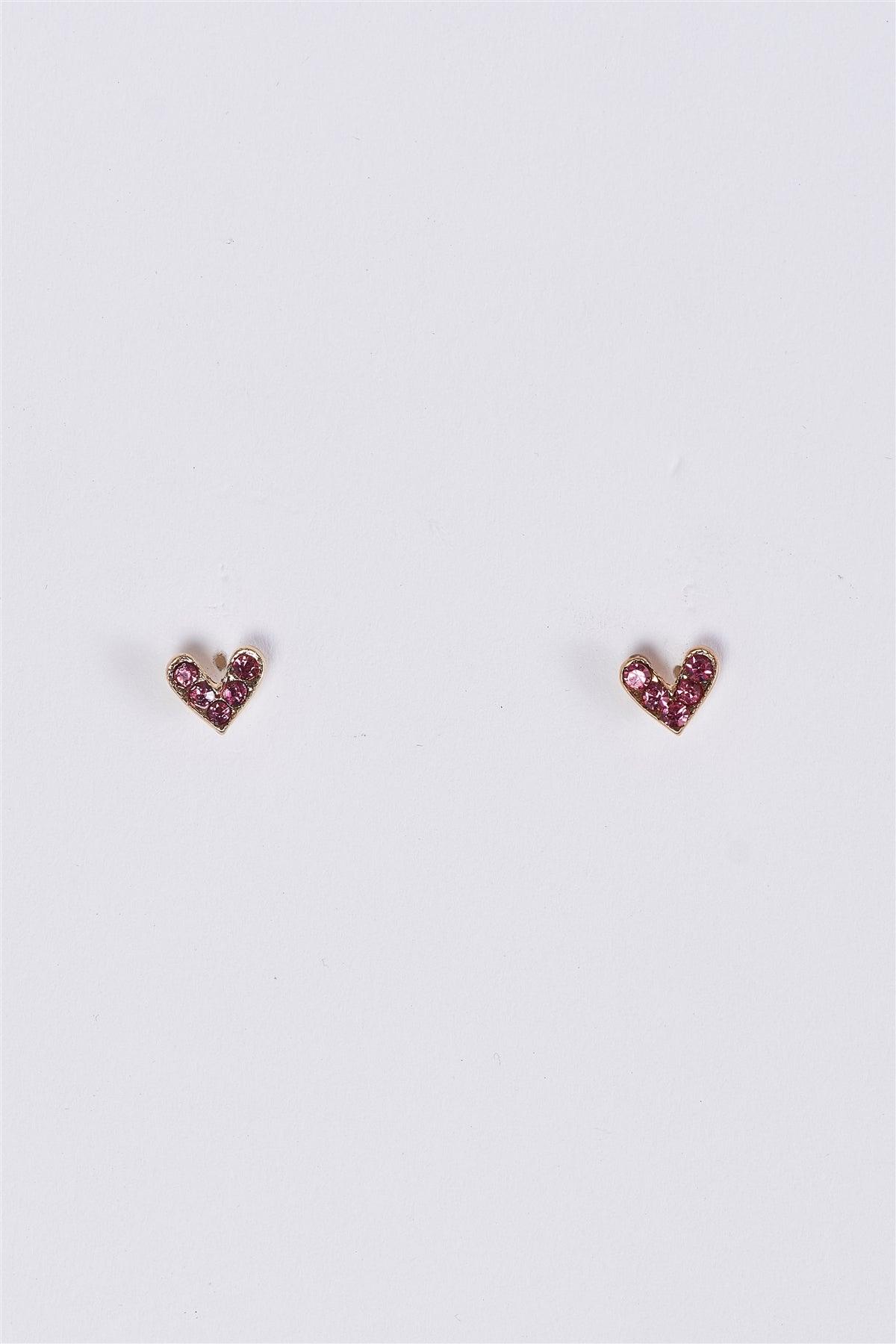 Pixelated Love Small Pink & Gold Faux Diamonds Incrusted Heart Stud Earrings /3 Pairs