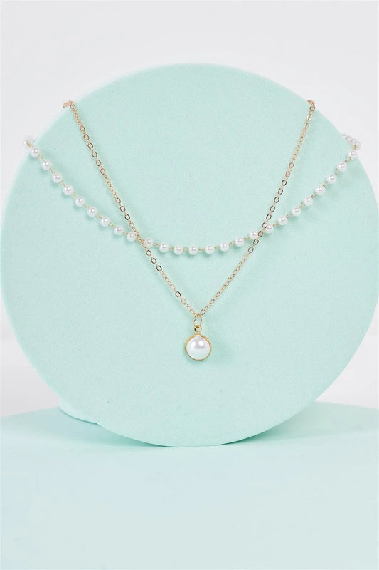 Gold Pearl Double Faux Pearl Pendant Necklace - Tasha Apparel Wholesale