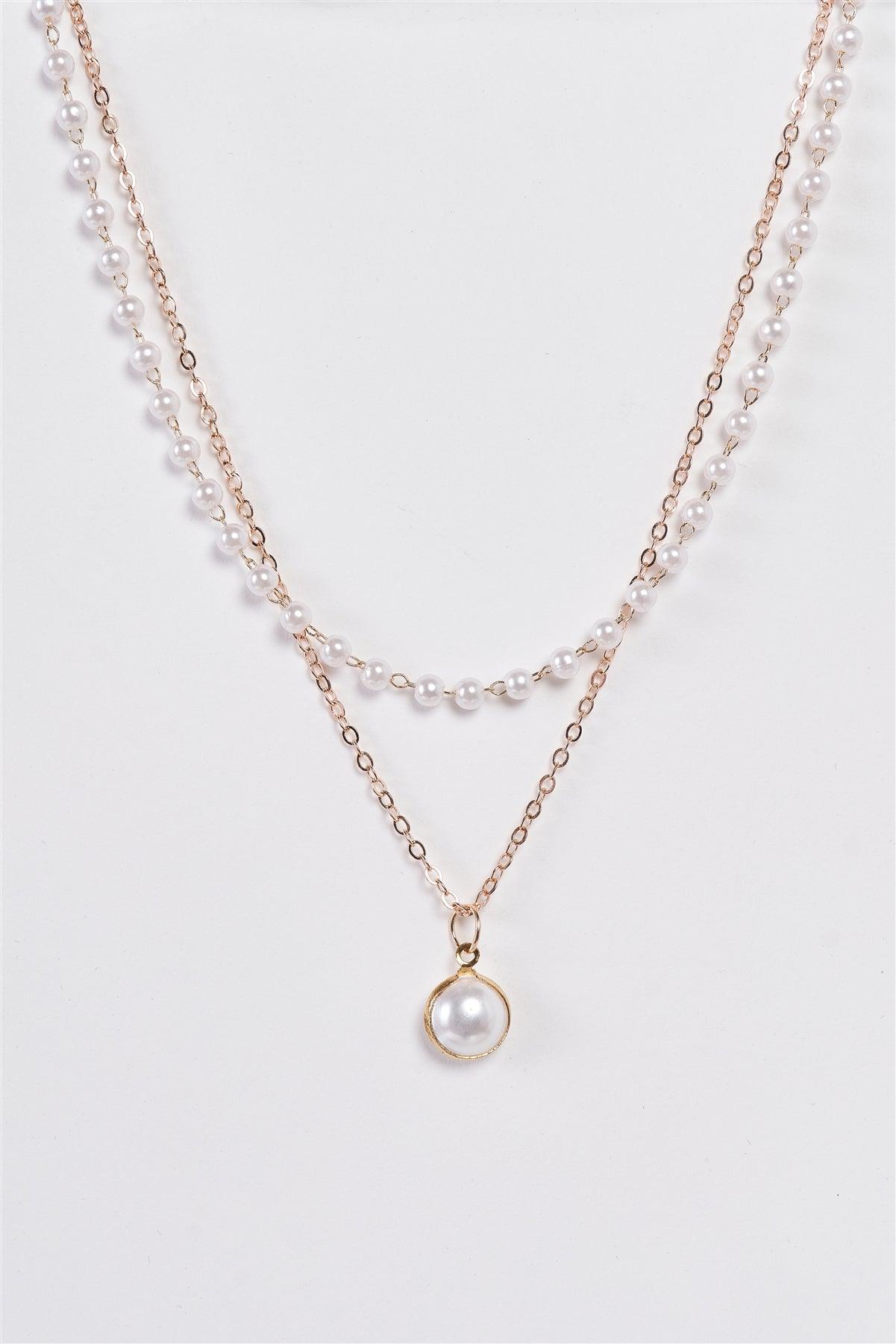 Gold & Pearl Double Faux Pearl Pendant Necklace /3 Pieces