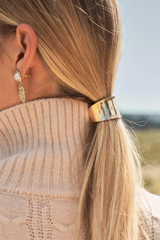 Gold Bent Open Cuff Metal Plate Accent Elastic Hair Tie /3 Pieces - Tasha Apparel Wholesale