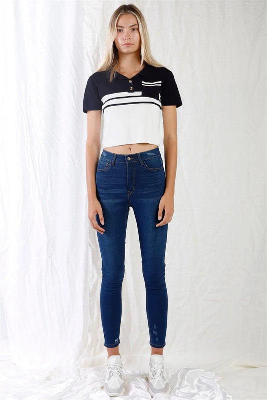 Dark Blue High-Waisted With Rips Skinny Denim Jeans /1-3-3-2-1-1-1 - Tasha Apparel Wholesale