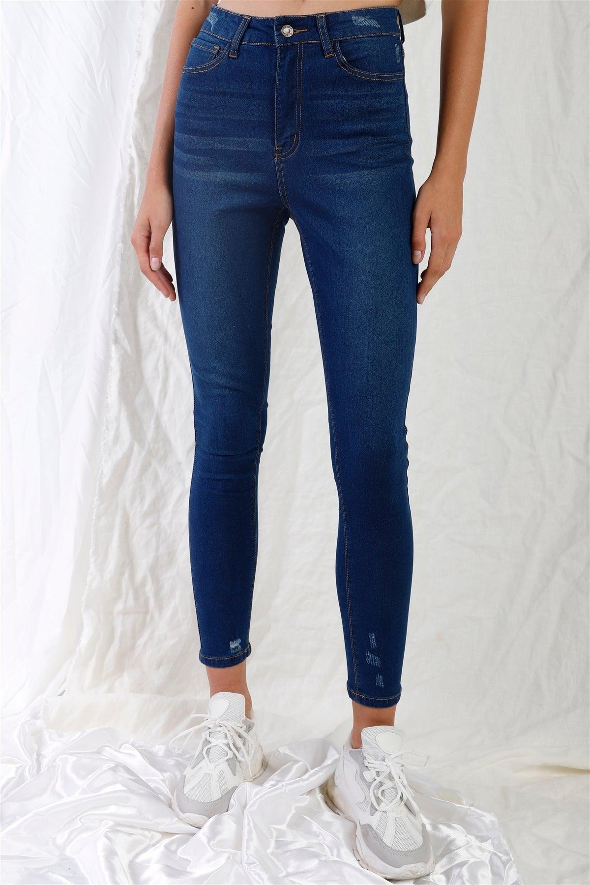 Dark Blue High-Waisted With Rips Skinny Denim Jeans /1-3-3-2-1-1-1