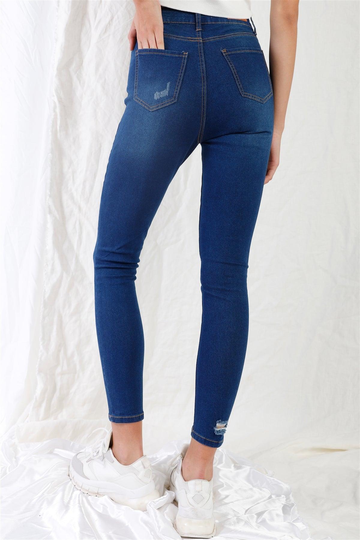 Dark Blue High-Waisted With Rips Skinny Denim Jeans /1-3-3-2-1-1-1