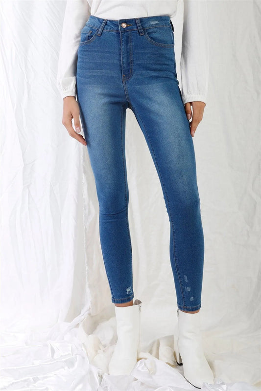 Mid Blue High-Waisted With Rips Skinny Denim Jeans /1-1-3-3-2-1-1 - Tasha Apparel Wholesale