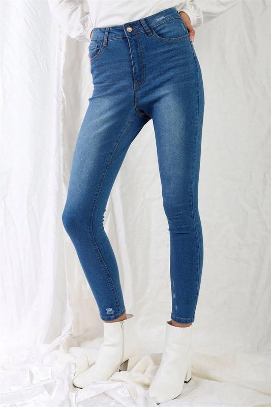 Mid Blue High-Waisted With Rips Skinny Denim Jeans /1-3-3-2-1-1-1 - Tasha Apparel Wholesale