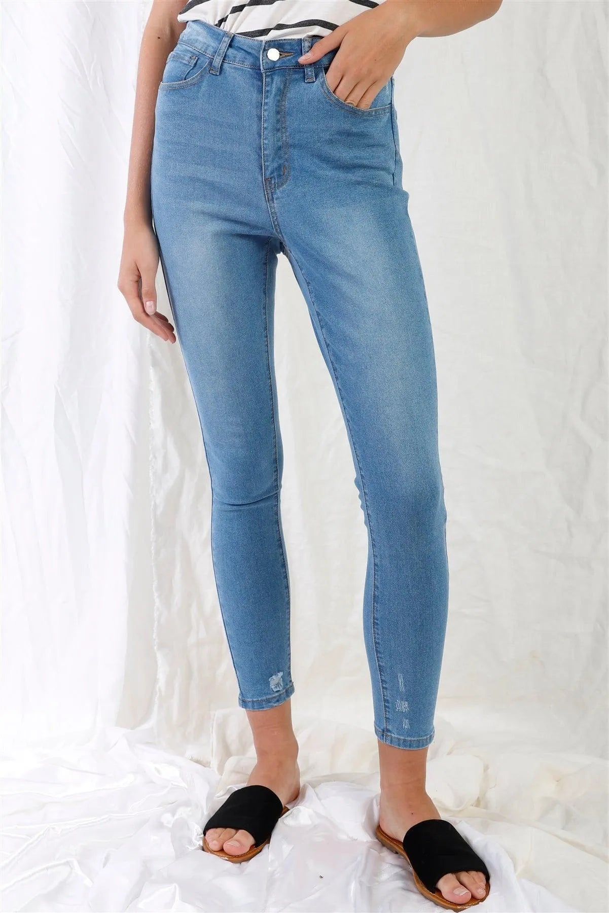Light Blue High-Waisted With Rips Skinny Denim Jeans - Tasha Apparel Wholesale