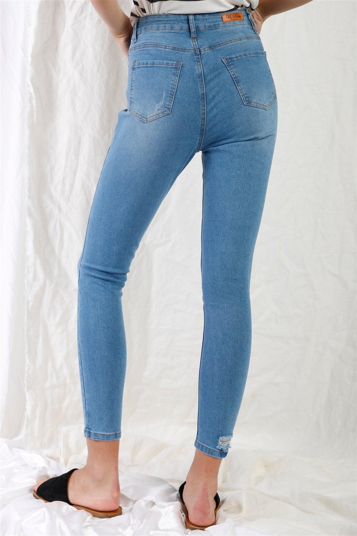 Light Blue High-Waisted With Rips Skinny Denim Jeans /1-1-3-3-2-1-1