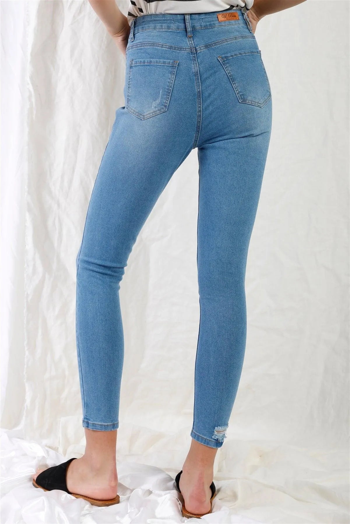 Light Blue High-Waisted With Rips Skinny Denim Jeans - Tasha Apparel Wholesale