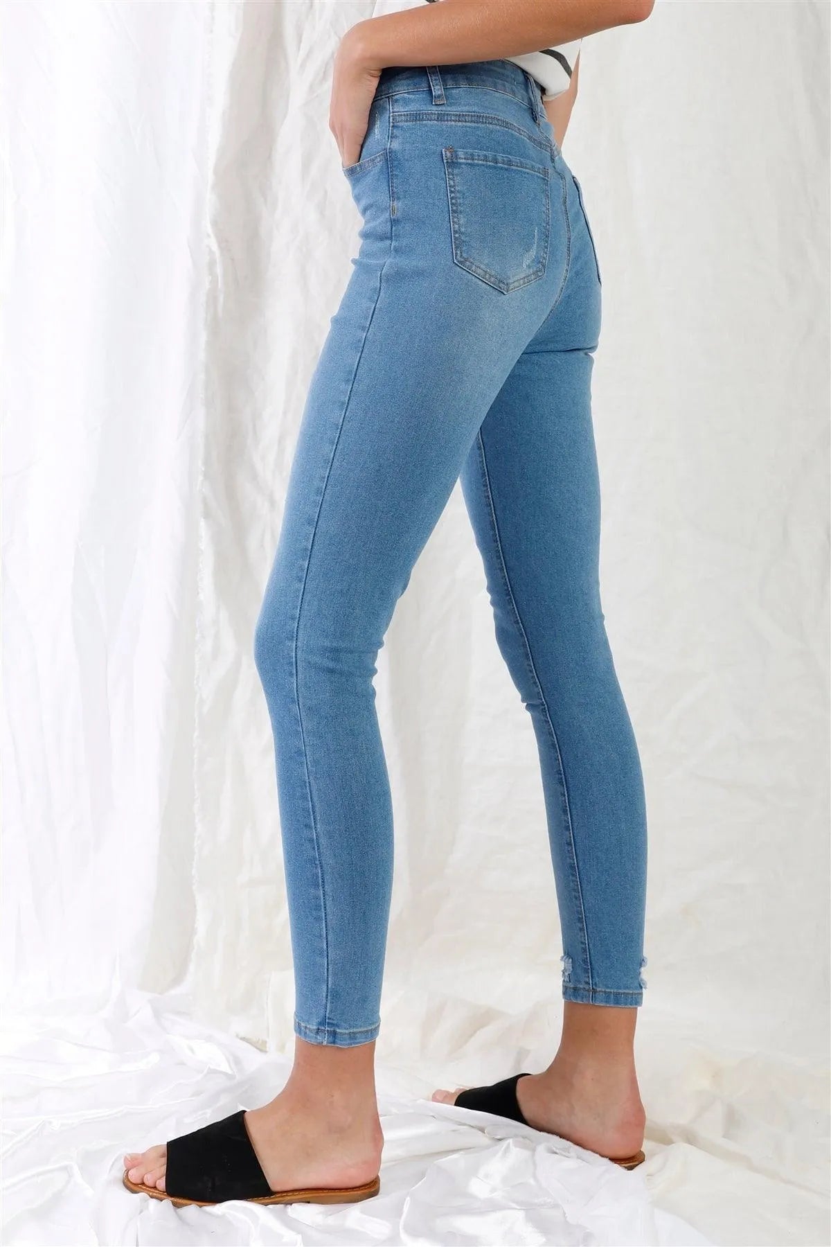 Light Blue High-Waisted With Rips Skinny Denim Jeans - Tasha Apparel Wholesale