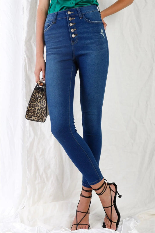 Dark Blue High-Waisted Button Fly Skinny Denim Jeans /1-1-3-3-2-1-1 - Tasha Apparel Wholesale