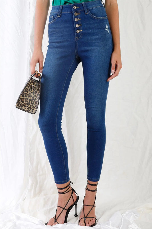 Dark Blue High-Waisted Button Fly Skinny Denim Jeans /1-3-3-2-1-1-1 - Tasha Apparel Wholesale