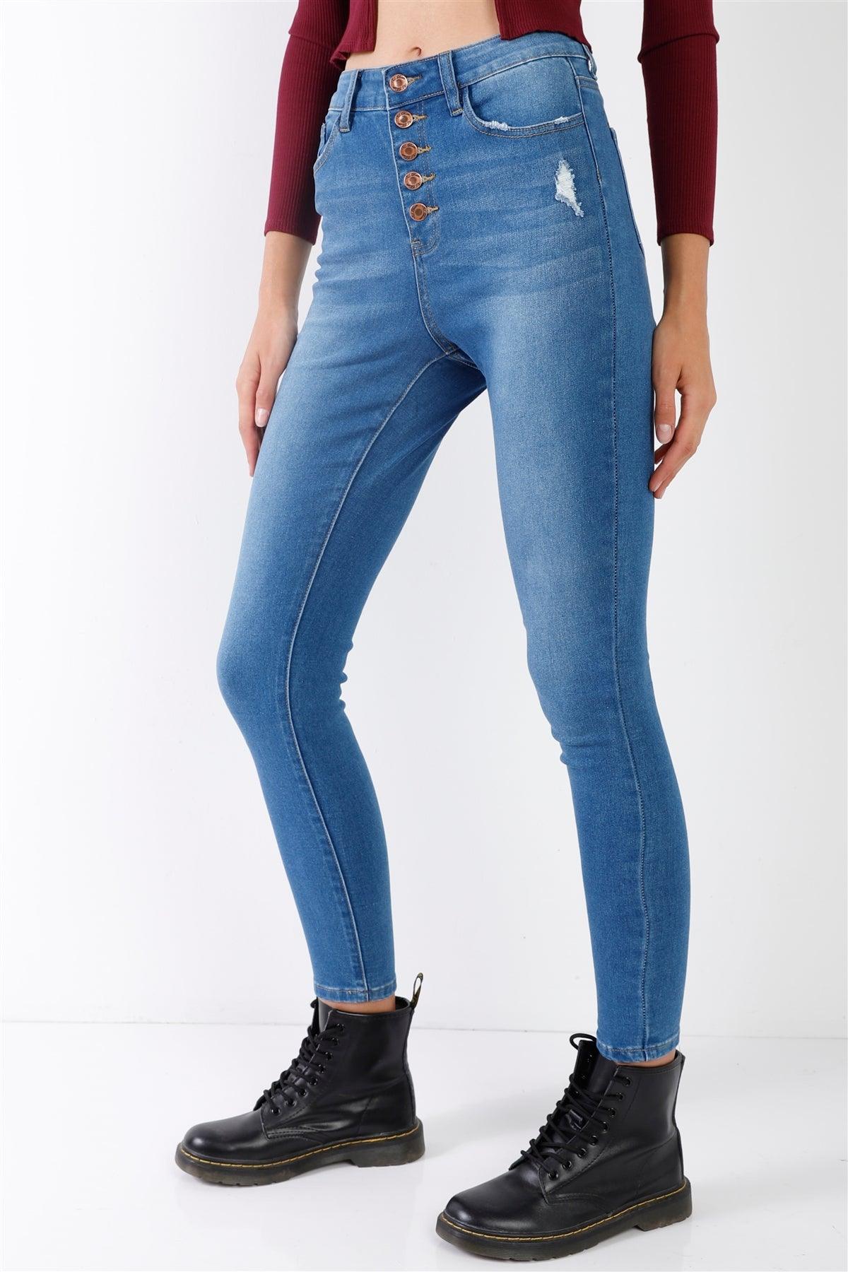 Mid Blue High-Waisted Button Fly Skinny Denim Jeans /1-1-3-2-2-1-1