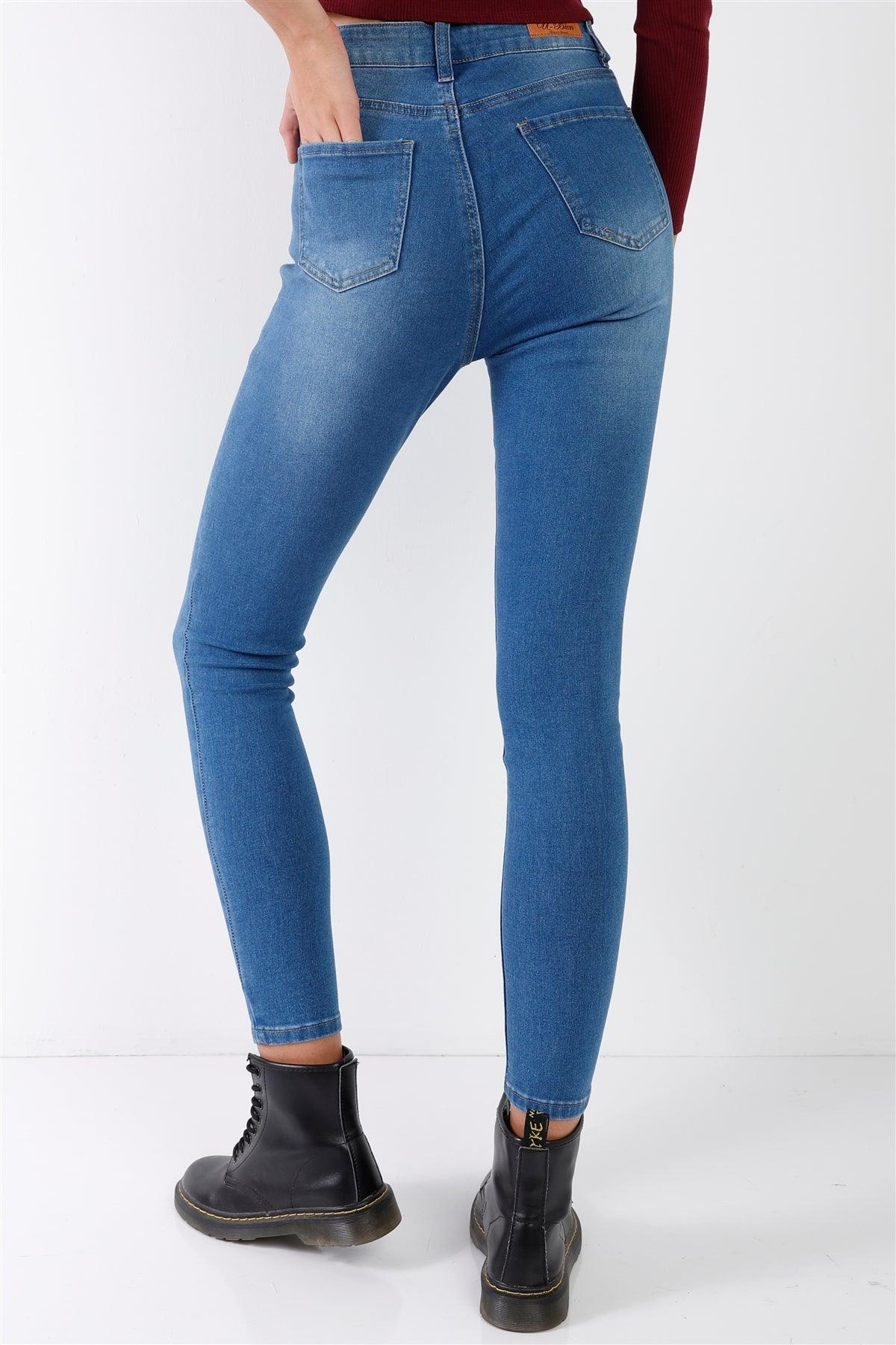 Mid Blue High-Waisted Button Fly Skinny Denim Jeans /1-1-3-2-2-1-1