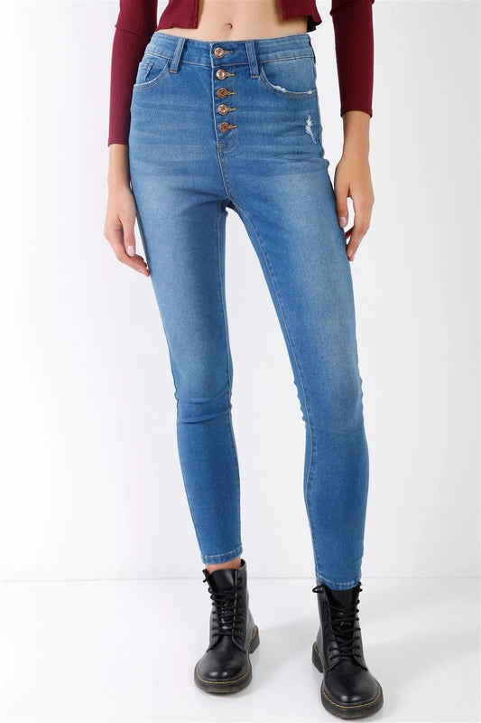 Mid Blue High-Waisted Button Fly Skinny Denim Jeans /1-1-3-3-2-1-1 - Tasha Apparel Wholesale