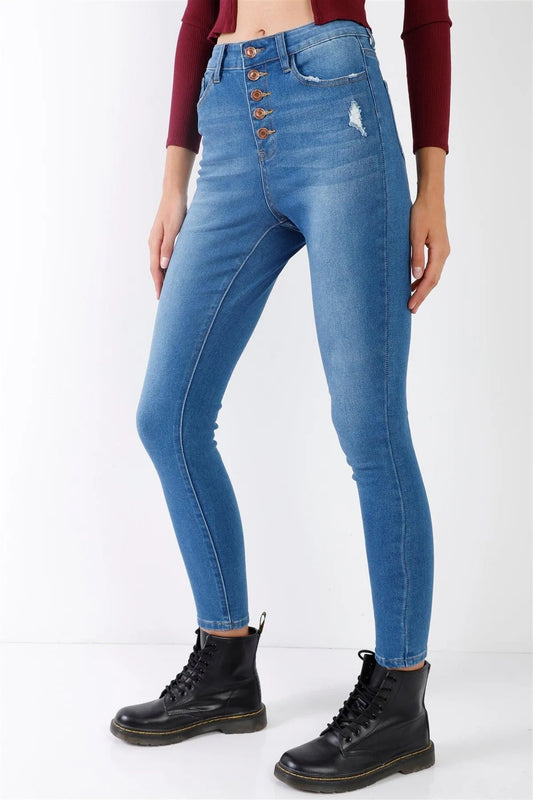 Mid Blue High-Waisted Button Fly Skinny Denim Jeans /1-3-3-2-1-1-1 - Tasha Apparel Wholesale