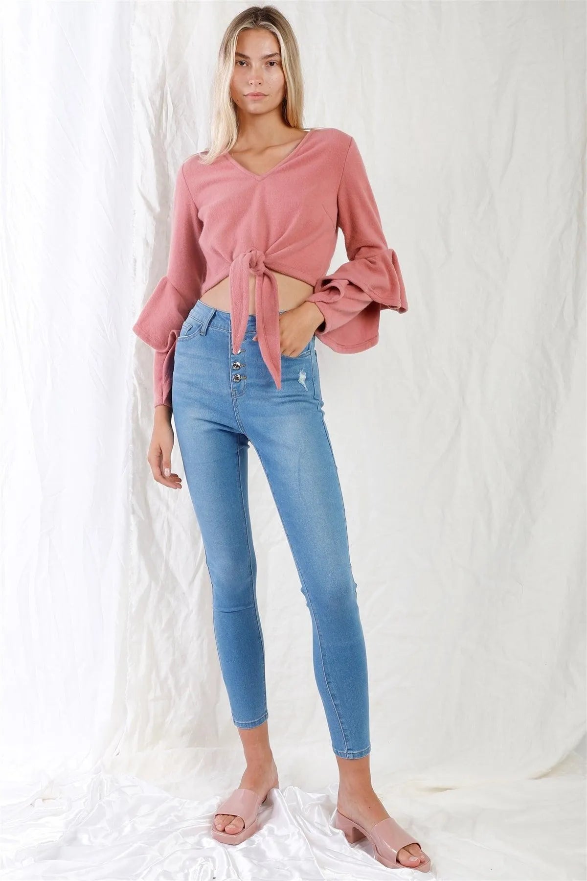 Light Blue High-Waisted Button Fly Skinny Denim Jeans - Tasha Apparel Wholesale