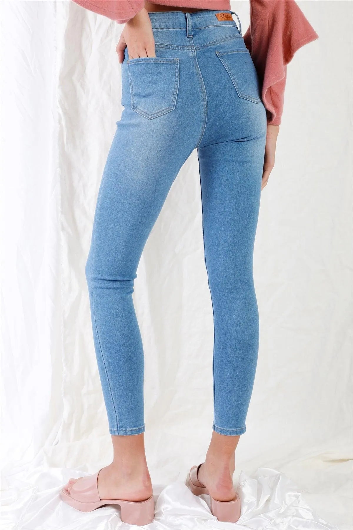 Light Blue High-Waisted Button Fly Skinny Denim Jeans - Tasha Apparel Wholesale
