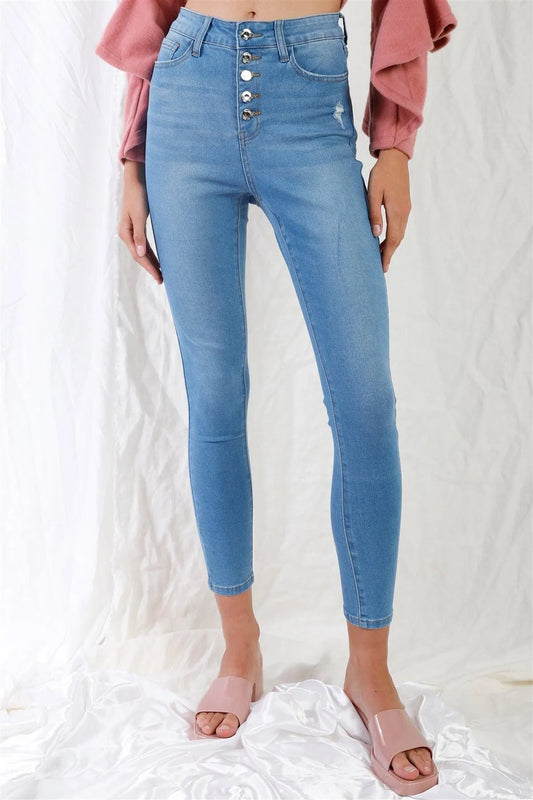 Light Blue High-Waisted Button Fly Skinny Denim Jeans /1-3-3-2-1-1-1 - Tasha Apparel Wholesale