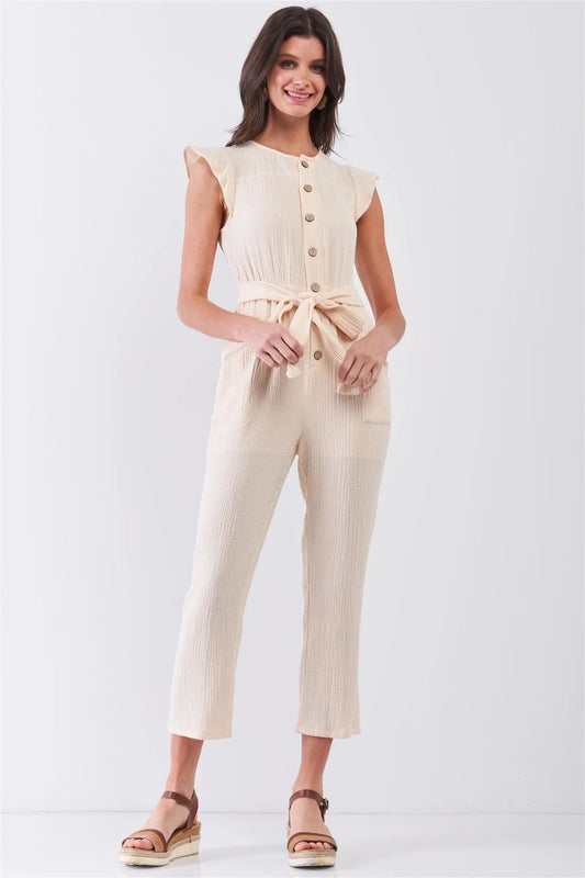 Beige Sleeveless Stylized Button-Down Front Detail Self-Tie Waist Capri Cotton Jumpsuit /3-2-1 - Tasha Apparel Wholesale