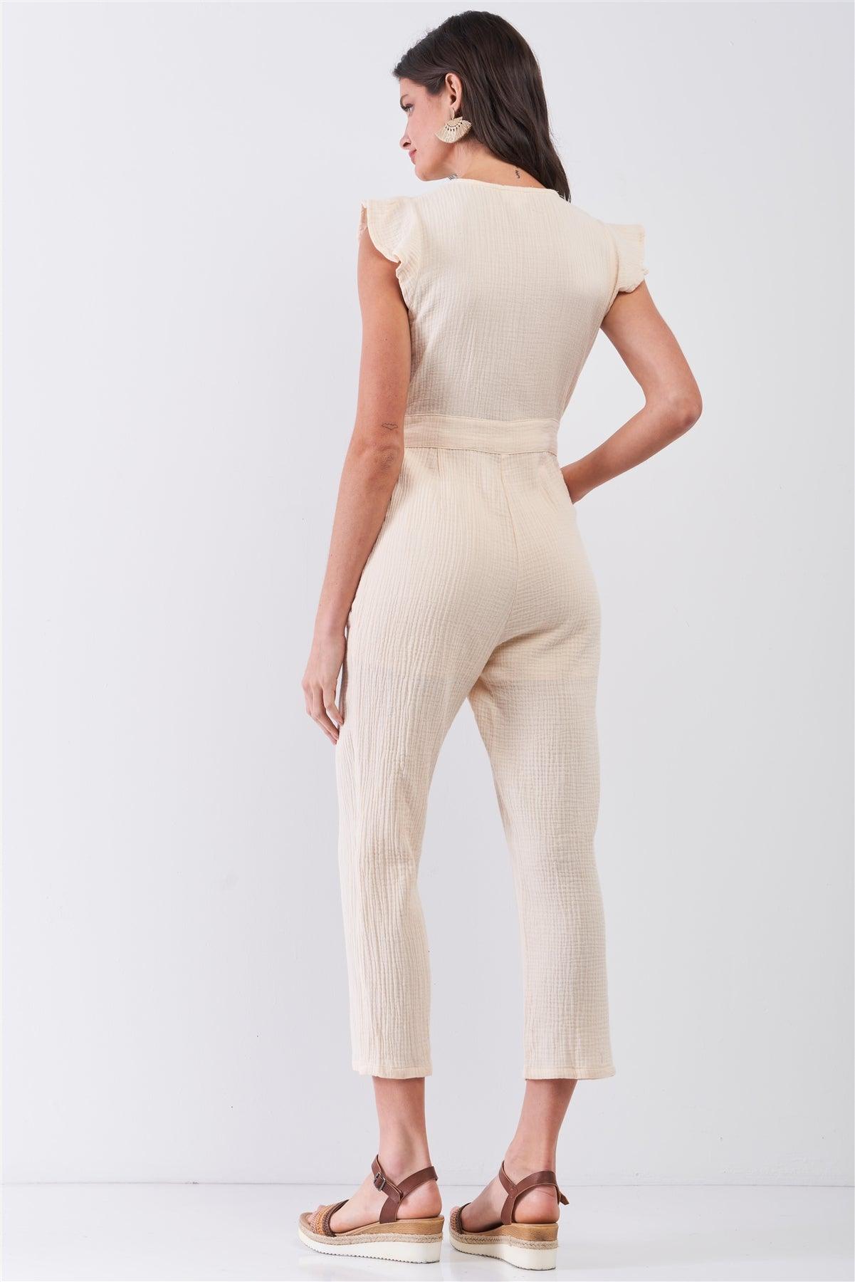 Beige Sleeveless Stylized Button-Down Front Detail Self-Tie Waist Capri Cotton Jumpsuit /3-2-1