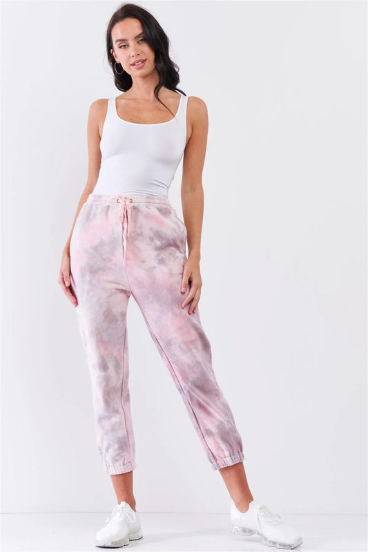 Cotton Candy Pink Tie-Dye Self-Tie Waist Detail Jogger Sweat Pants /2-2-1 - Tasha Apparel Wholesale