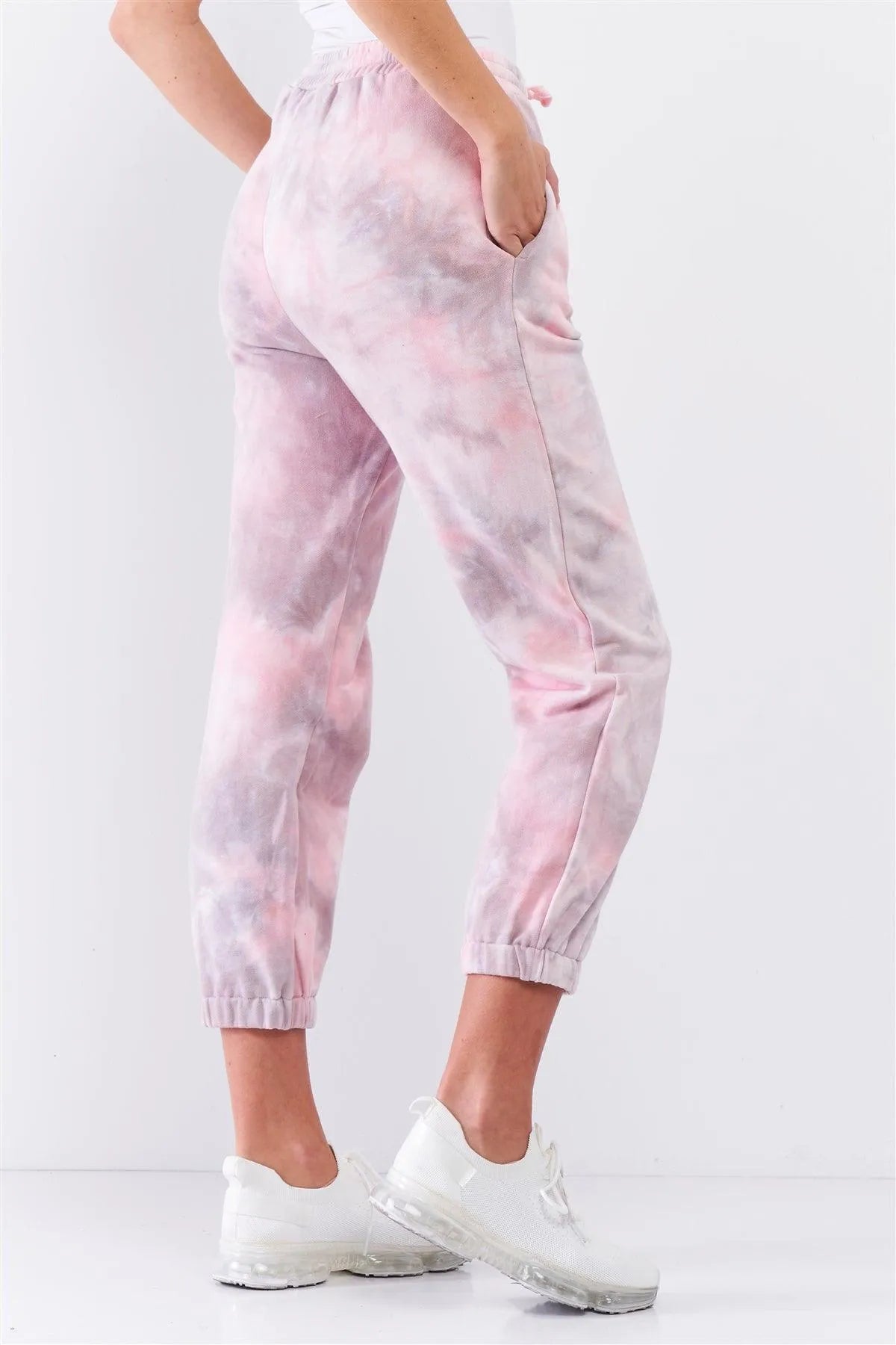 Cotton Candy Pink Tie-Dye Self-Tie Waist Detail Jogger Sweat Pants /3-2-1 - Tasha Apparel Wholesale
