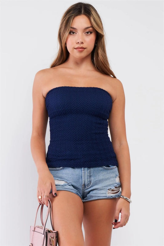 Navy Blue Strapless Smock Tube Top /3-3 - Tasha Apparel Wholesale