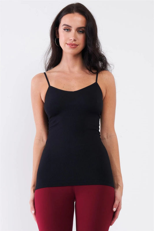 Black Solid Sleeveless V-Neck Ribbed Tight Cami Top /3-3 - Tasha Apparel Wholesale