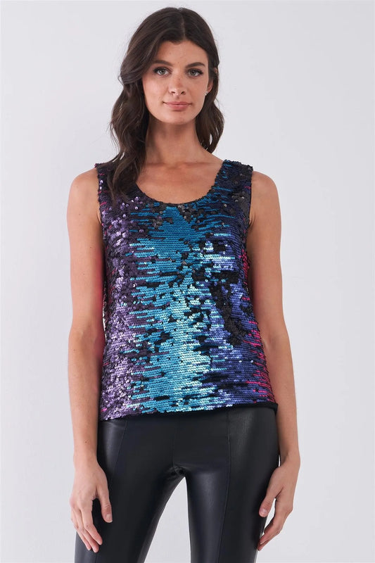 Mermaid Gradient Sequin Sleeveless Scoop Neck Relaxed Top /1-2-3-1 - Tasha Apparel Wholesale