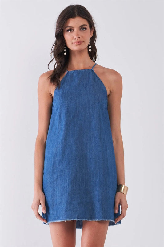 Washed Blue Sleeveless High-Neck Spaghetti Strap Raw Hem Mini Denim Dress /1-2-2 - Tasha Apparel Wholesale