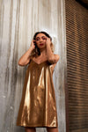 Gold Shiny Sleeveless V-Neck Swing Adjustable Cami Mini Dress /1-2-2
