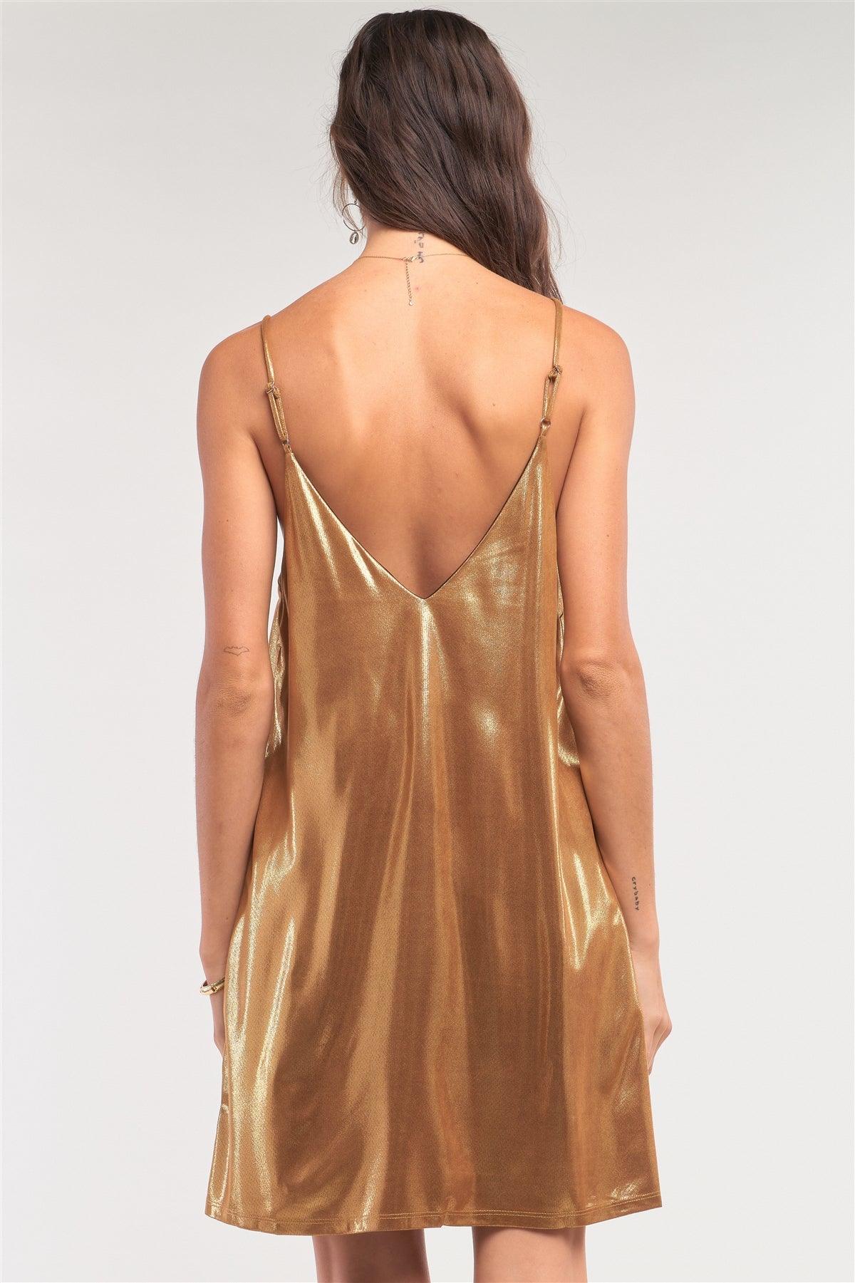 Gold Shiny Sleeveless V-Neck Swing Adjustable Cami Mini Dress /1-2-2