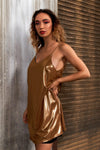 Gold Shiny Sleeveless V-Neck Swing Adjustable Cami Mini Dress /2-1-2