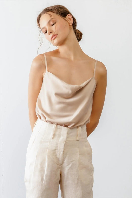 Beige Satin Cowl Neck Strappy Bodysuit /3-2-1 - Tasha Apparel Wholesale