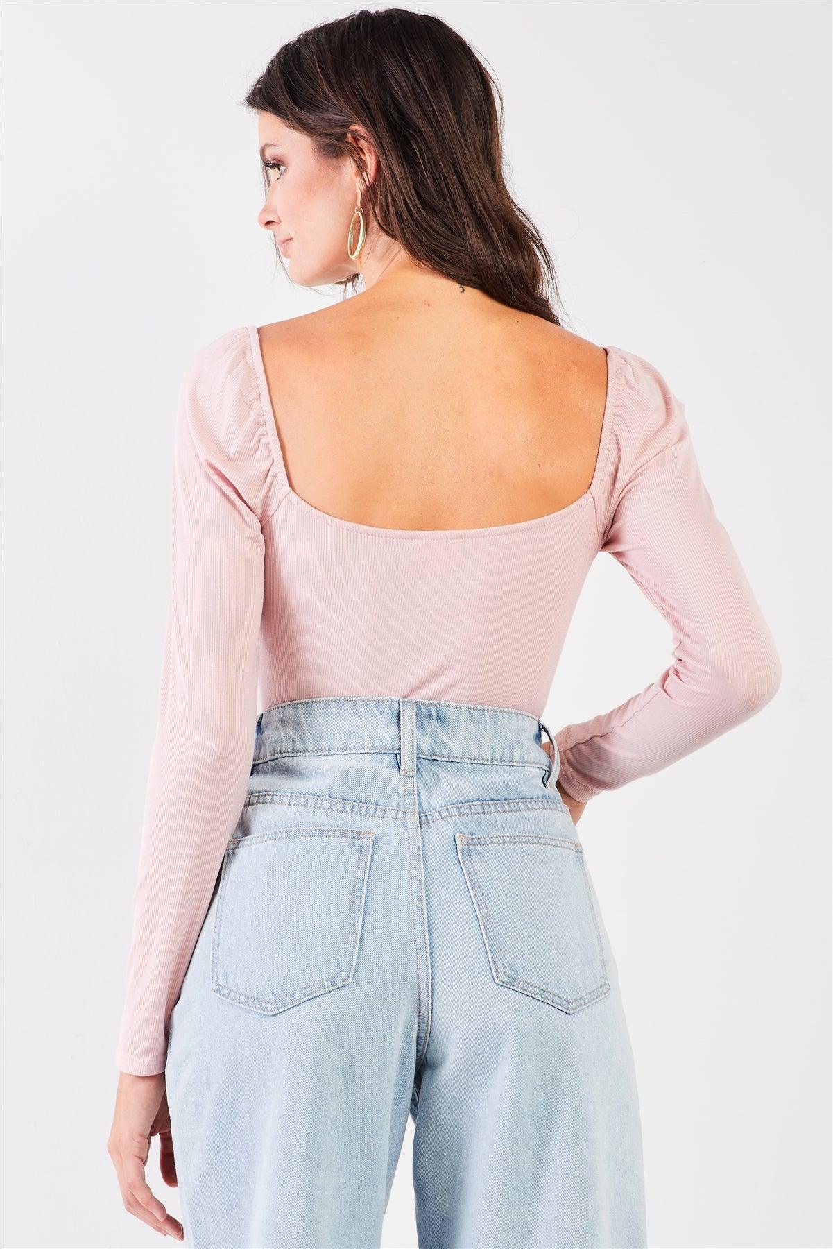 Light-Mauve Ribbed Gathered Front Square Neck Long Sleeve Cut-Out Detail Bodysuit /3-2-1