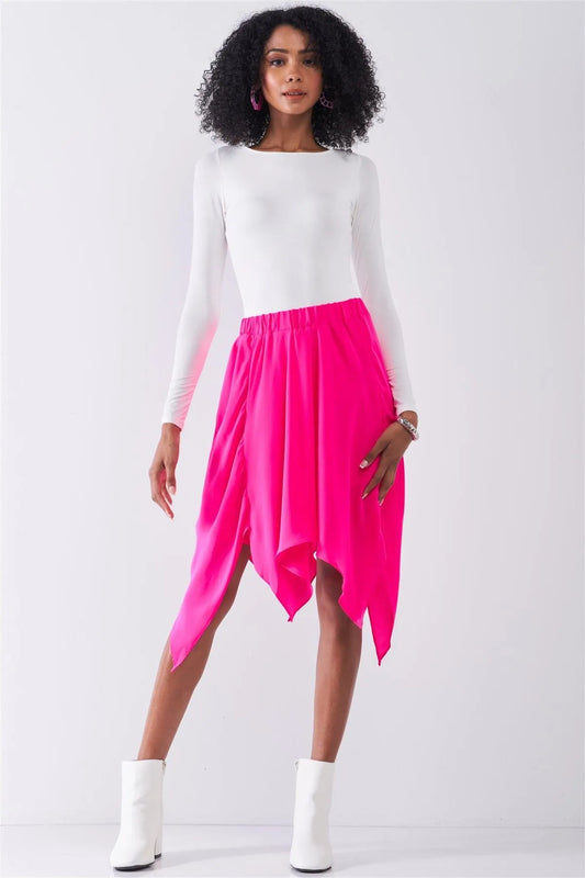 Hot Pink Solid Chiffon High Waist Leafy Midi Skirt /1-1-2 - Tasha Apparel Wholesale