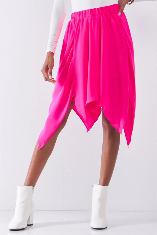 Hot Pink Solid Chiffon High Waist Leafy Midi Skirt /1-2-2-1 - Tasha Apparel Wholesale