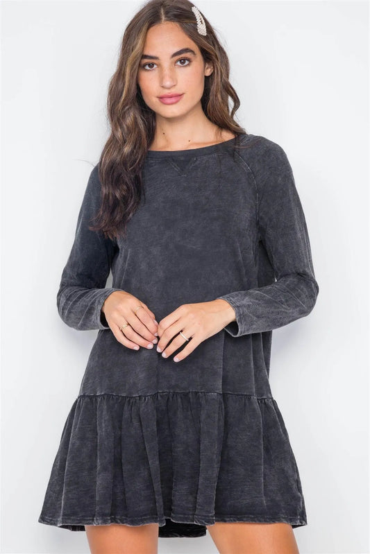 Black Casual Shirred Hem Long Sleeve Dress / 2-2-2 - Tasha Apparel Wholesale