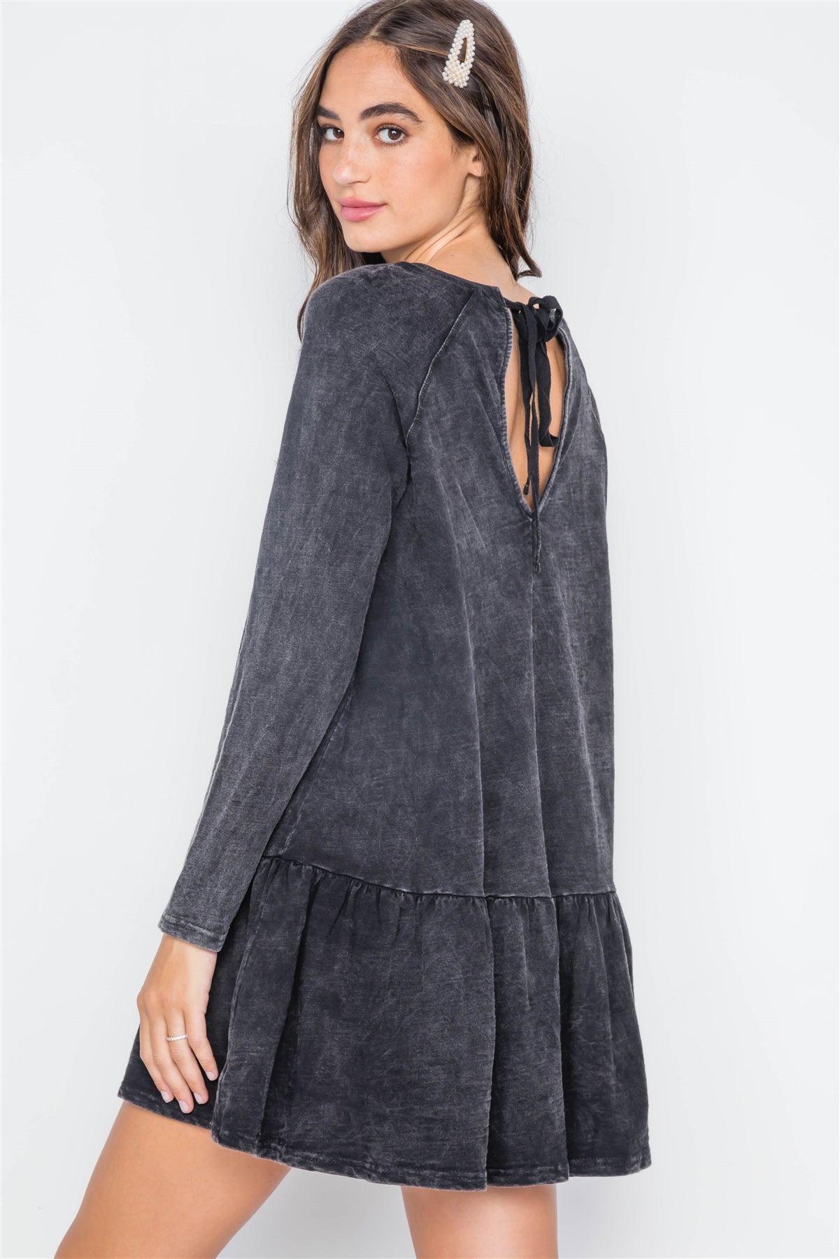 Black Casual Shirred Hem Long Sleeve Dress / 2-2-2