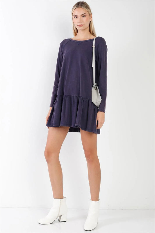 Navy Casual Shirred Hem Long Sleeve Dress / 2-2-2 - Tasha Apparel Wholesale