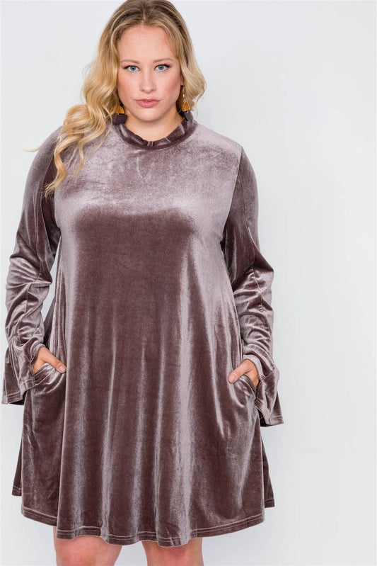Junior Plus Size Mocha Velvet Long Sleeve Mini Dress /3-2-1 - Tasha Apparel Wholesale